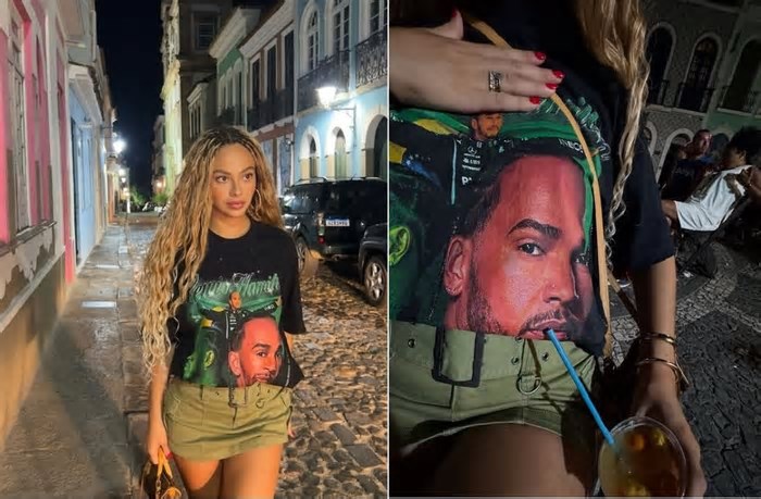De férias na Bahia, ex de Gabigol e Vini Jr. usa blusa com rosto de Lewis Hamilton e chama atenção
