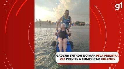 'Melhor banho da minha vida', diz gaúcha que entrou no mar pela primeira vez, prestes a completar 100 anos
