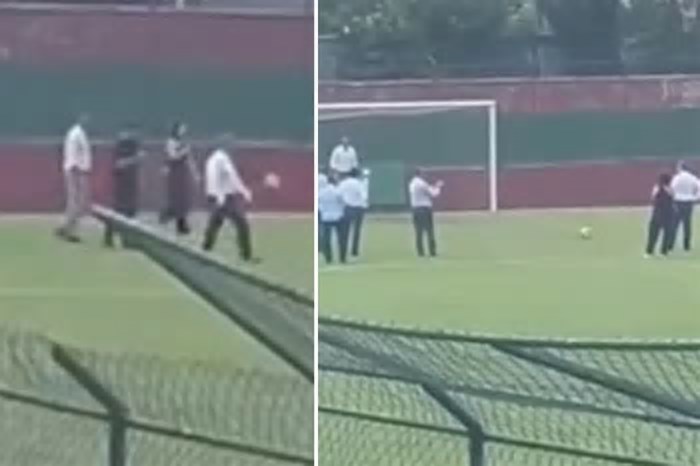 Governador de SP faz pouso em estádio de futebol, embaixadinhas e bate pênalti para fora; ASSISTA