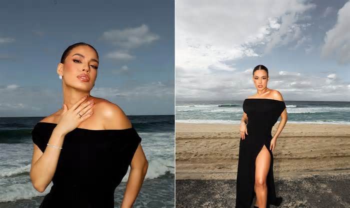 Beatriz Reis aposta em look all black com fenda poderosa para evento de 'Vale Tudo' no Copacabana Palace