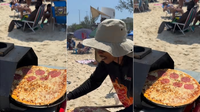 Empreendedor viraliza com carrinho de pizza feita no forno a lenha em praia do Rio