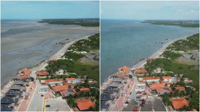 Maré baixa amplia faixa de areia de praia no Ceará em 4 quilômetros e imagem impressiona; veja VÍDEO