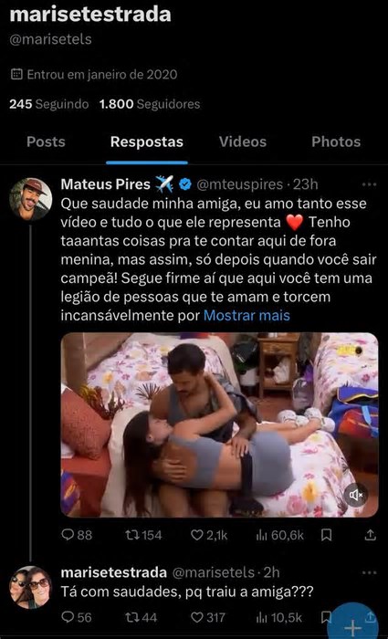 Mãe de Vitória Strada detona ex-BBB Mateus após ele dizer que está com saudade da amiga: 'Preferiu trair ela'