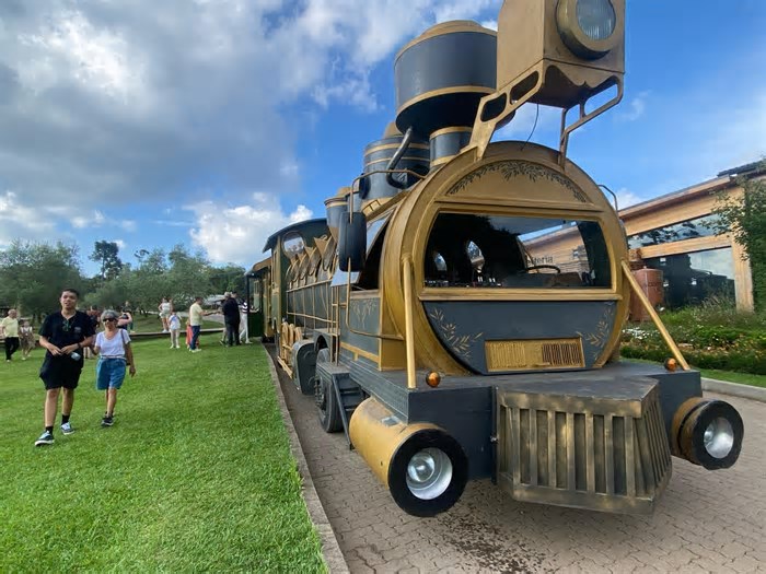 Trem faz volta ao passado com locomotiva com pneus em parque do interior de Gramado