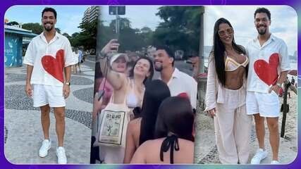 Vinícius encontra Gracyanne Barbosa e chama a atenção de fãs na praia de Copacabana, no Rio