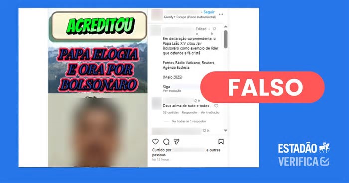 É falso que Leão XIV tenha citado Bolsonaro como ‘político que defende a fé cristã’