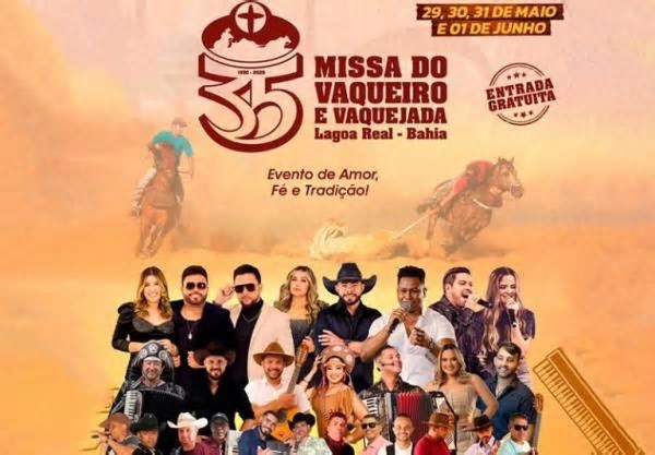 Lagoa Real divulga programação completa da 35ª Missa do Vaqueiro e Vaquejada; evento começa dia 29 de maio.