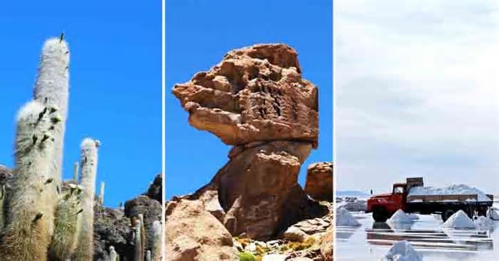 Detalhes do esplêndido Salar de Uyuni, monumento natural que tem formações curiosas