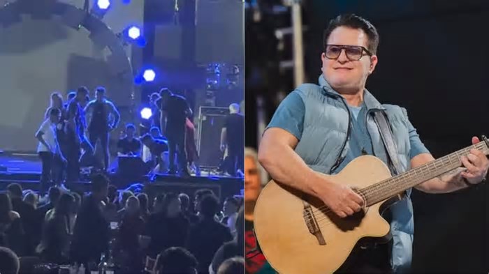 Marrone cai do palco durante show em Goiânia e leva pontos na testa