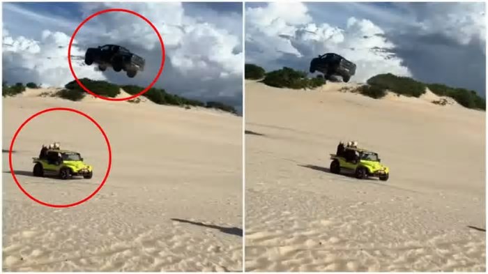 Picape 'voa' sobre buggy no Ceará; motorista fica desmaiado após impacto da 'aterrissagem'