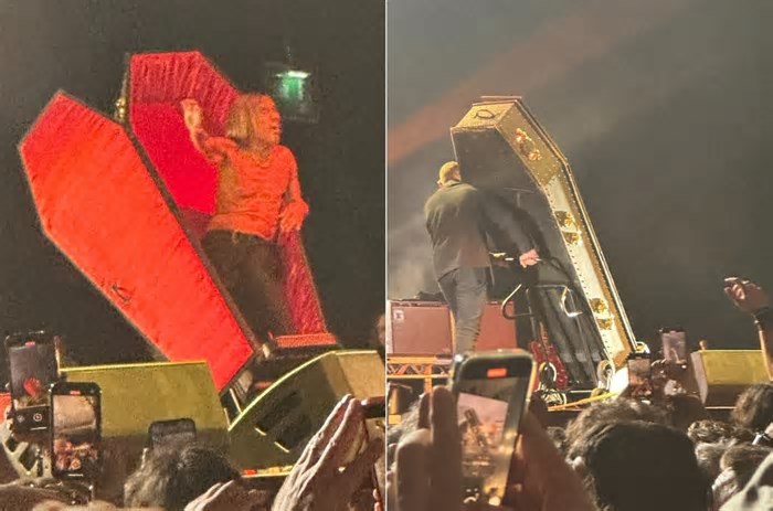 Iggy Pop surpreende e deixa palco de show em Londres dentro de caixão