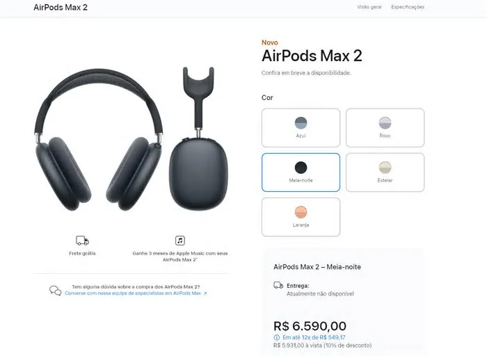 Confira a ficha técnica completa dos AirPods Max 2, com recursos, especificações e preço do novo fone premium da Apple.