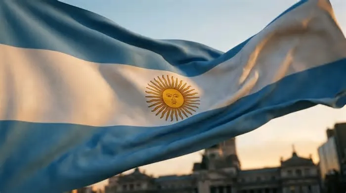 Resumo Cores e símbolos: A bandeira argentina combina faixas azul-celeste e branca, além do famoso Sol de Maio, um dos ...