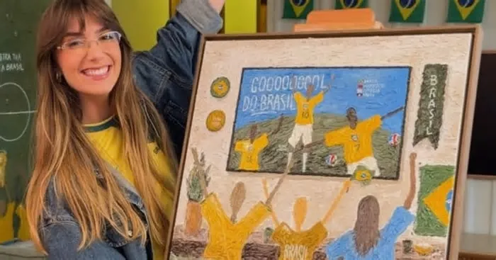 Jhenny Keller pinta telas sobre as partidas antes da Seleção Brasileira entrar em campo e impressiona por cravar detalhes ...
