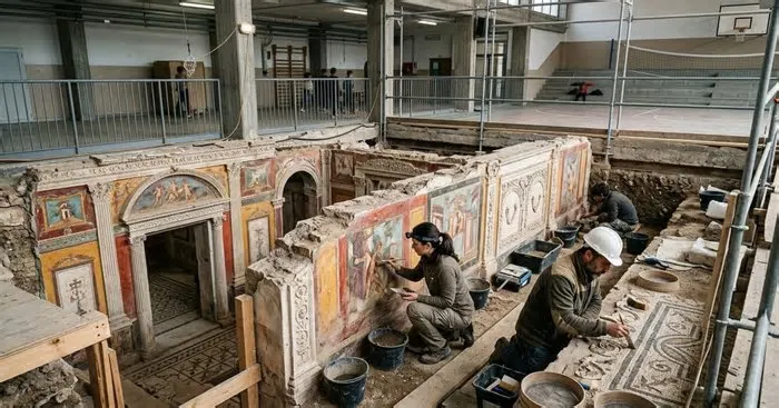 Uma domus romana do período médio-imperial foi encontrada no subsolo do Liceo Cavour, revelando pinturas e estuques intactos ...