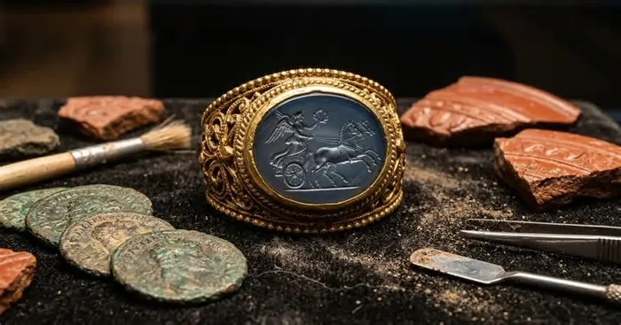Relato sobre a aquisição de um raríssimo anel de ouro romano datado de 297 d.C. encontrado por um detectorista na região de ...
